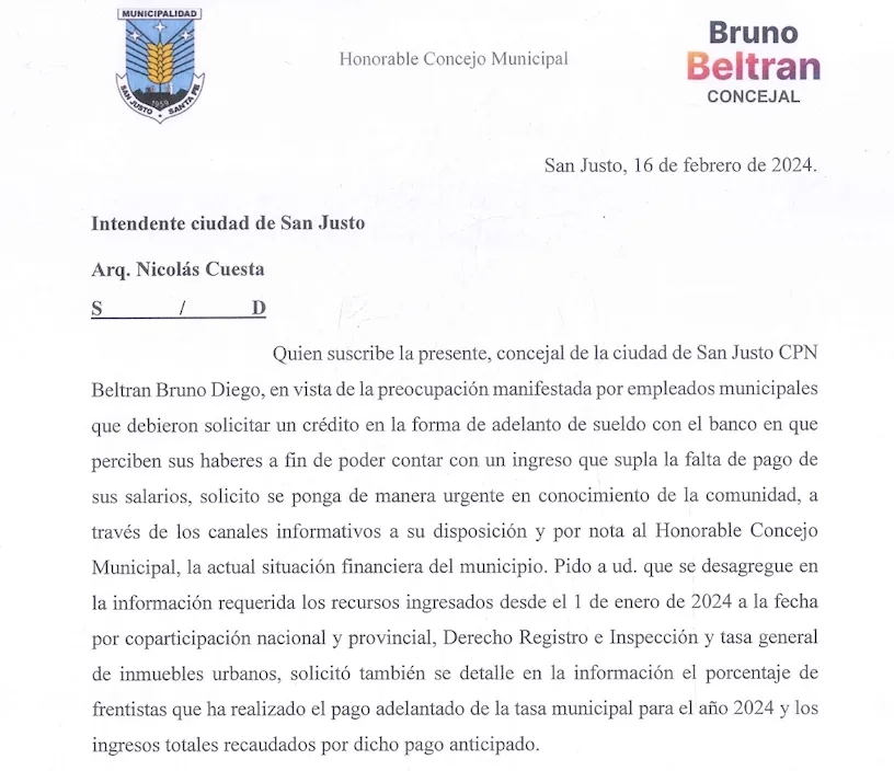 Noticia sobre el concejal Bruno Beltran Nos preocupa el destino de los fondos vinculados a la prevención en SEGURIDAD y la SITUACIÓN FINANCIERA DEL MUNICIPIO